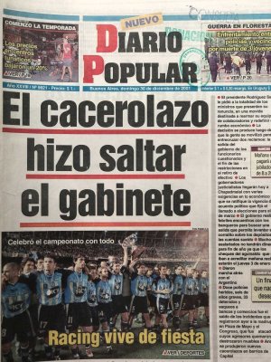 Tapa del Diario Popular, 30 de diciembre de 2001